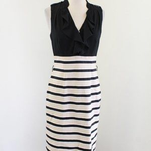 White House Black Market Black Beige Striped Ruffle Sheath Dress Size 4 V-Neck